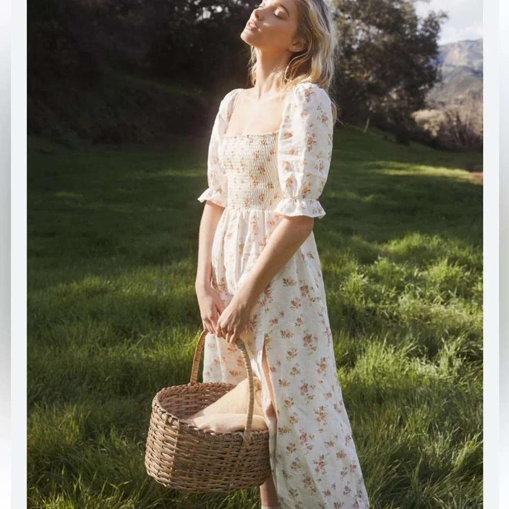 Reformation Marabella Linen Smocked Front Slit Midi Dress Mildred Cream Large - Picture 8 of 10